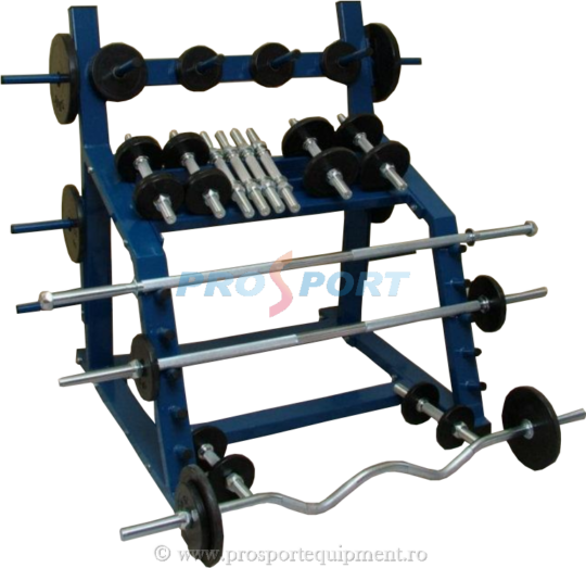 Stativ bari gantere discuri incarcat cu bari si gatere