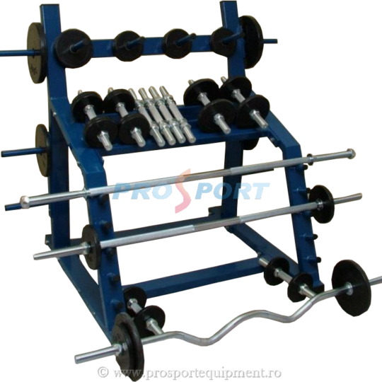 Stativ bari gantere discuri incarcat cu bari si gatere