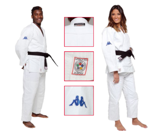 Judo-gi KAPPA Atlanta alb imbracat de o femeie si un barbat si detaliu cu logourile