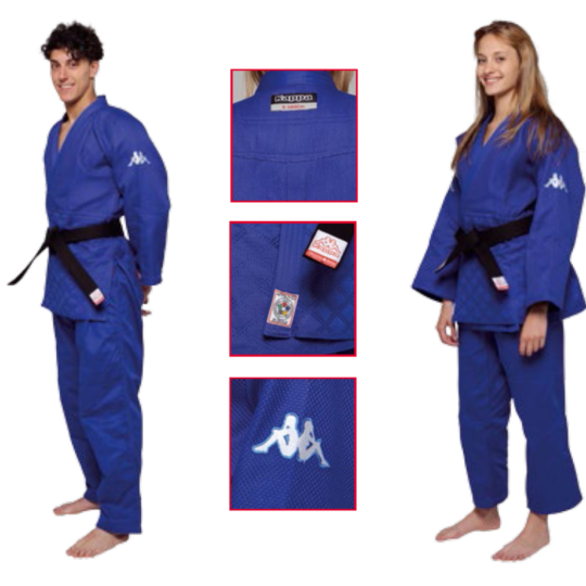 Judo-gi aprobat IJF KAPPA Atlanta albastru imbracat de o femeie si un barbat si cu detaliu despre logouri KAPPA