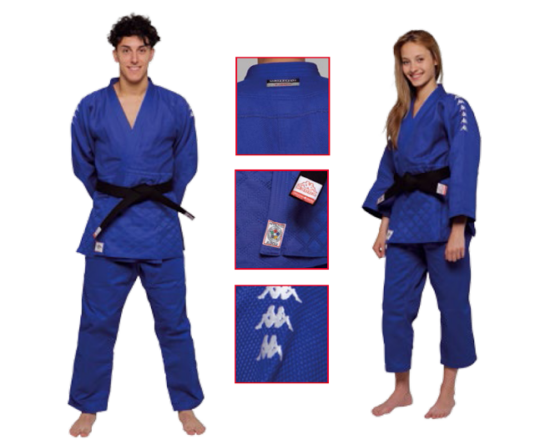 Judo-gi KAPPA Sydney albastru imbracat de o femeie si un barbat si cu detaliu despre logouri KAPPA
