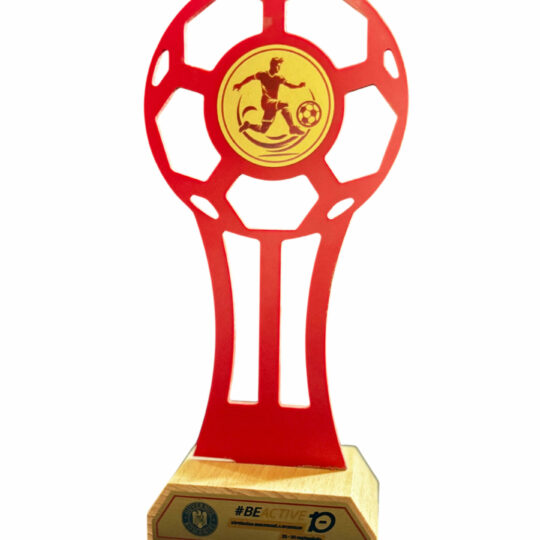 trofeu fotbalculoarea rosie cu soclu de lemn