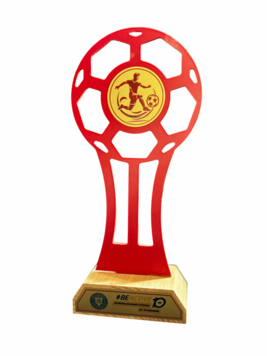 trofeu fotbalculoarea rosie cu soclu de lemn